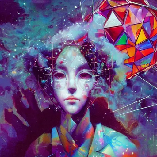 Prompt: surreal vaporwave painting, by yoshitaka amano, by ruan jia, by conrad roset, by kilian eng, by good smile company, incredibly detailed, of floating molecules and a mannequin artist holding an icosahedron with stars, clouds, and rainbows in the background, cgsociety, artstation, modular patterned mechanical costume and headpiece, vaporwave atmosphere