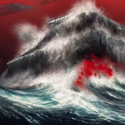 Prompt: a mansion against a tumultuous sea of blood, large waves, violent storm, trending on artstation