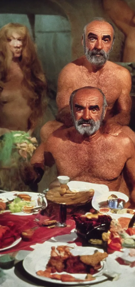 Image similar to a 3 5 mm color closeup macro hi def picture of sean connery as zardoz as he's accessing third eye second level during his 9 6 6 th birthday party along with female friends. everything is of the second level including plates of green bread and hams on the isle of kun lao. volumetric lighting with picoso hotdogs. atmospheric. scary fog national geographic.