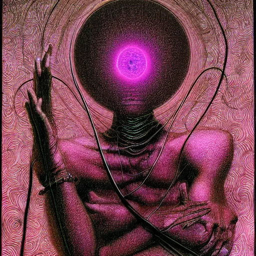 Image similar to an exhausted deity, contemplating existence, beyond the known universe, fine art, bokeh, omnidimensional, ocd, electroluminescent wire by wayne barlowe