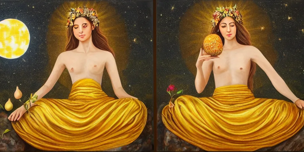 Prompt: very realistic beautiful painting of a goddess wearing a long metallic golden skirt covering her whole body holding flowers and levitating a pear, sun on the left moon on the right as she is sitting on a rock at night time, realistic 8K HD