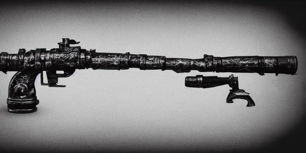 Prompt: detailed render of unstable exotic matter powered sci - fi ray - gun concept, well defined mechanical features, cool, classic, dark background, softglow, sharp focus, full device, vintage style, charcoal and champagne