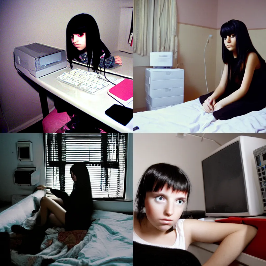 Prompt: an emo girl on a blocky white computer in her bedroom, 2006