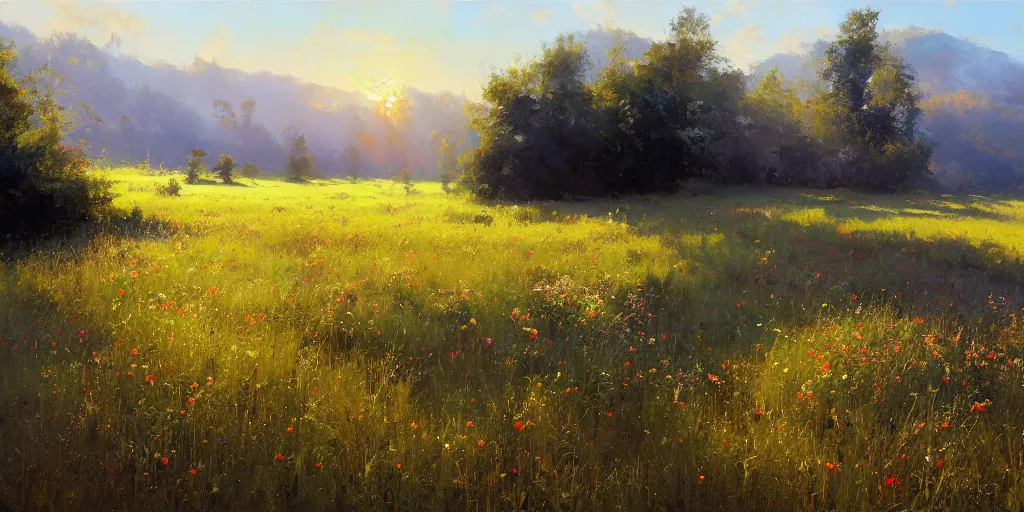 Prompt: a bright oil painting of a beautiful meadow; masterpiece; extremely-detailed; by Craig Mullins