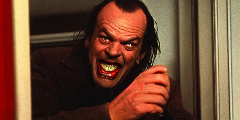 Image similar to photorealistic wide profile master shot cinematography of the character jack torrance played by jack nicholson from stanley kubrick's 1 9 8 0 film the shining sitting at the overlook hotel's gold ballroom bar laughing right at the camera shot on 3 5 mm eastman 5 2 4 7 film by the shining cinematographer john alcott on a 1 8 mm cooke panchro lens.