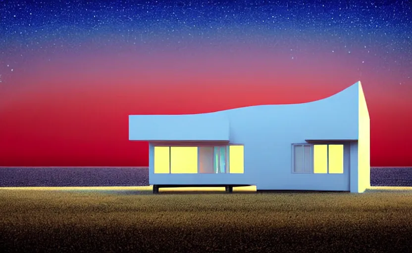 Image similar to one single stand alone huge hyperdetailed minimalist home, seen from the long distance, at night. by the sea. maximalist unexpected elements. free sky in plain natural warm tones. 8 x 1 6 k hd mixed media 3 d collage in the style of a childrenbook illustration in pastel tones. matte matte background. no frame hd