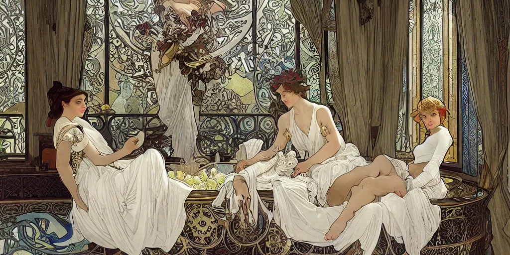 Prompt: Living room with daenerys in his bath, Alphonse Mucha, art nouveau, luxury, artstation, center focus on table, hyper realistic, 8K, warm lighting, white gold black, antique, large windows to french town