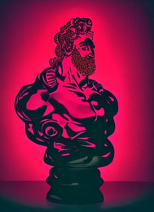 Image similar to bust of hercules, beeple, mike mignola, vaporwave, retrowave, black background, neon wiring, black, glitch, strong contrast, cuts, pinterest, trending on artstation