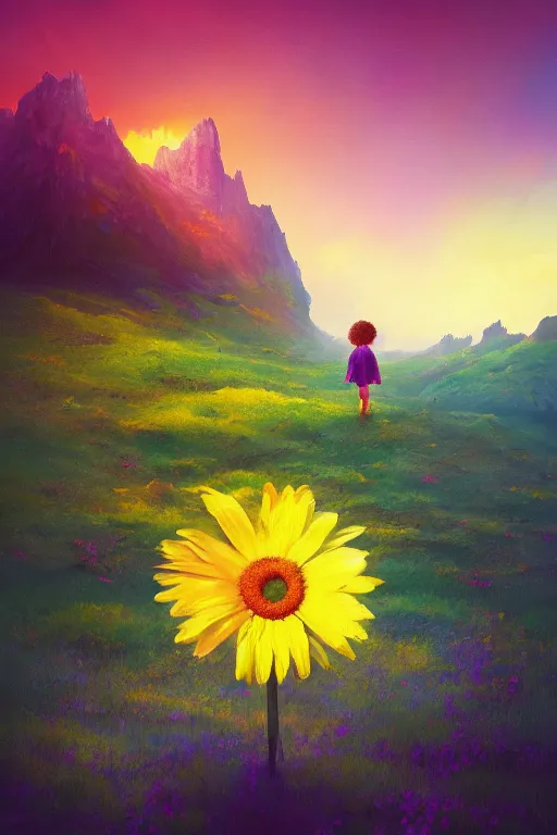 Image similar to giant daisy flower head, girl hiking in the mountains, surreal photography, sunrise, dramatic light, impressionist painting, colorful clouds, digital painting, artstation, simon stalenhag