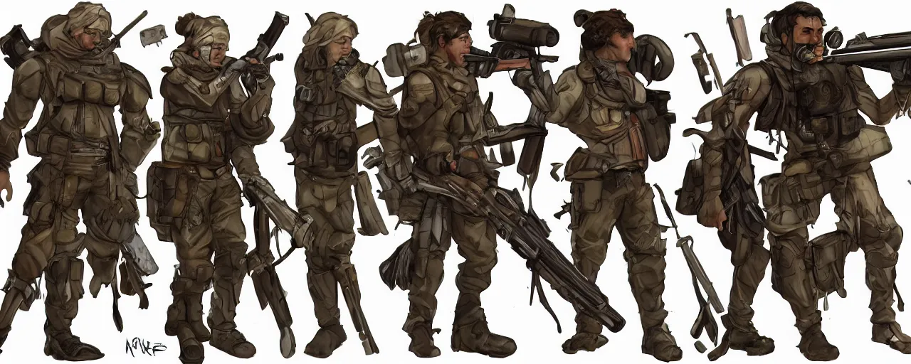 Image similar to A character sheet of a mercenary with short brown hair olive skin while wielding a giant sniper rifle, concept art, anime, Highly Detailed.