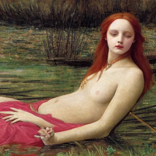 Prompt: breathtaking masterpiece of art, elizabeth eleanor siddall as ophelia laying down in shivasna floating down the river amongst the reeds fully clothed in flowing medieval robes by rosetti, 8 k