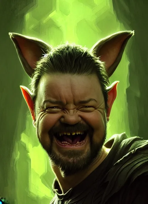 Image similar to portrait of ricky gervais as a goblin, d & d, muscular! green, fantasy, intricate, elegant, highly detailed, digital painting, artstation, concept art, smooth, sharp focus, illustration, art by artgerm and greg rutkowski and alphonse mucha