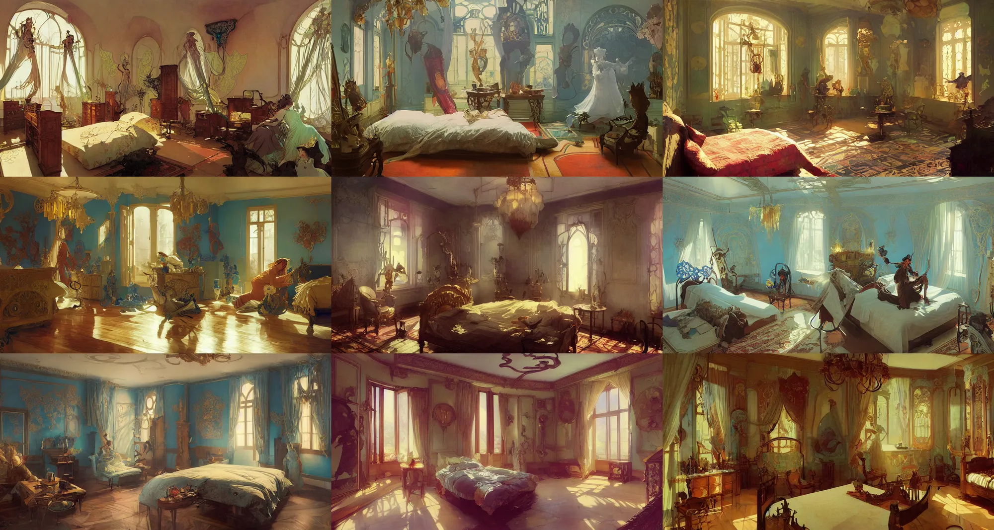 Prompt: bedroom, art nouveau architecture, art by joseph leyendecker, peter mohrbacher, ivan aivazovsky, ruan jia, reza afshar, marc simonetti, alphonse mucha