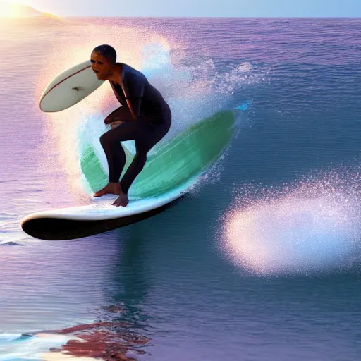 Image similar to barack obama surfing in rough surf with drink in hand, realistic, high detail, volumetric lighting, sunset