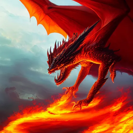 Prompt: A red dragon with phoenix tail flying while breathing out a massive fire, epic, highly detailed, close-up, fantasy art, dragon art, in the style of greg rutkowski, illustration, epic, fantasy, intricate, hyper detailed, artstation, concept art, smooth, sharp focus, ray tracing