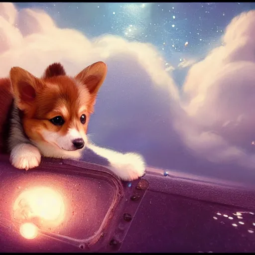 Prompt: corgi puppy in outer space, hyperrealistic, lifelike, soft focus, extremely detailed digital painting by greg rutkowski, artgerm, moebius, ruan jia, makoto shinkai, simon stalenhag, trending on artstation, masterpiece, award - winning, 8 k