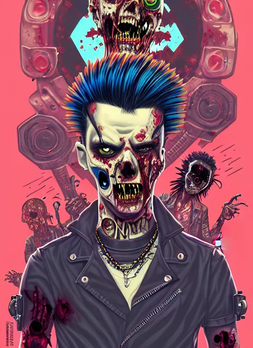 Image similar to a zombie punk rocker with a mohawk playing electric guitar, matty vogel, tristan eaton, victo ngai, artgerm, rhads, ross draws