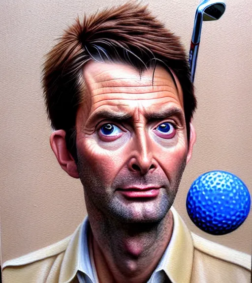 Prompt: medium shot portrait of david tennant as a golfer, white cap, beige and blue overstich, very detailed eyes, hyperrealistic, very detailed painting by Glenn Fabry, by Joao_Ruas