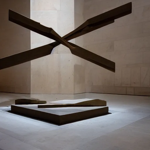 Prompt: An offset photography of a new series of sculptures by Anthony Caro on display, at the Met in NYC