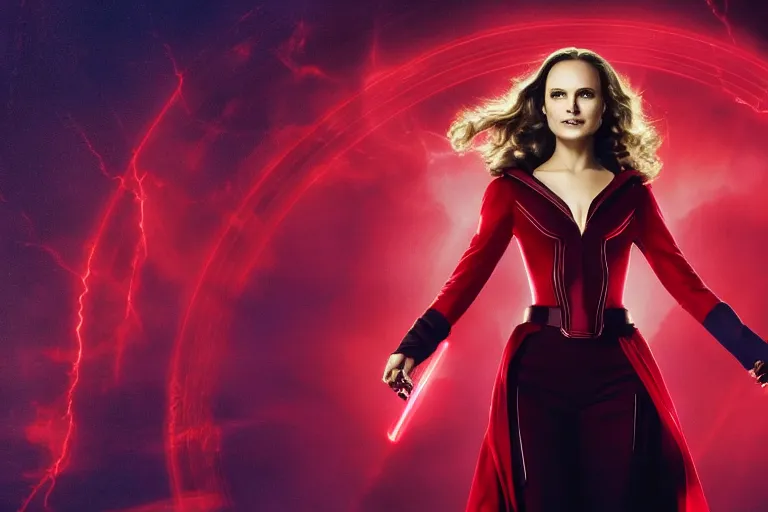 Prompt: film still of Natalie Portman as Scarlett Witch flying in red clouds casting a hex surrounded by glowing glyphs in Multiverse of Madness, 4k