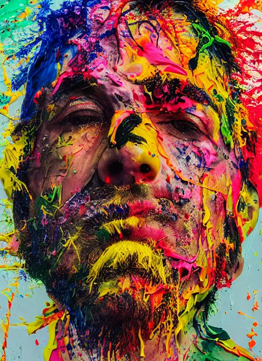 Image similar to abstract expressionist mid shot portrait of a man made of very thick impasto paint and acrylic pour and coloured powder explosion and splashing paint and dripping paint and flying paint chunks, eyes closed or not visible, expressing strong emotions, art by antony micallef, motion blur, hyperrealistic, intricate art photography, anatomically correct, realistic crisp textures, 1 6 k