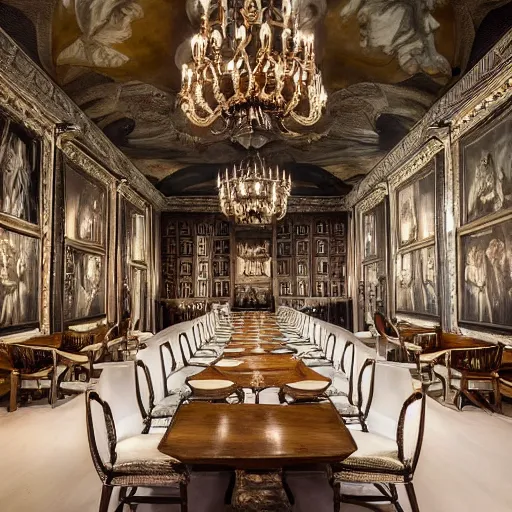 Prompt: dining hall inside a secret society, illuminati, chandelier, massive, beautiful, ominous, painting on the ceiling, perspective of a guest sitting down