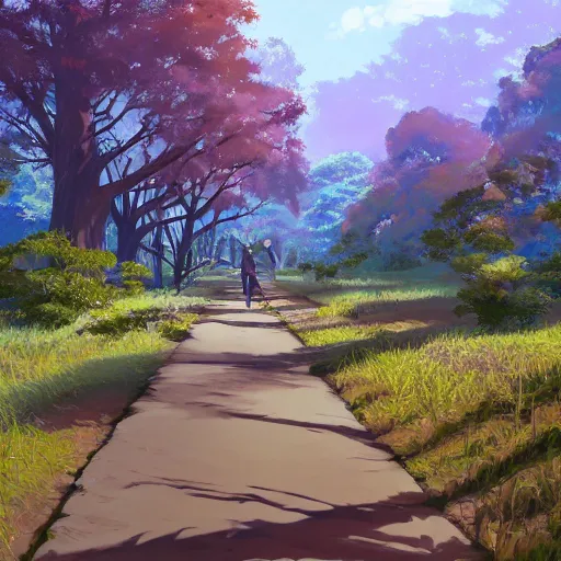 Prompt: deep muddy forest on a sunny day walkway panorama, blooming, animation background painting gouache by pixar disney kyoto animation makoto shinkai