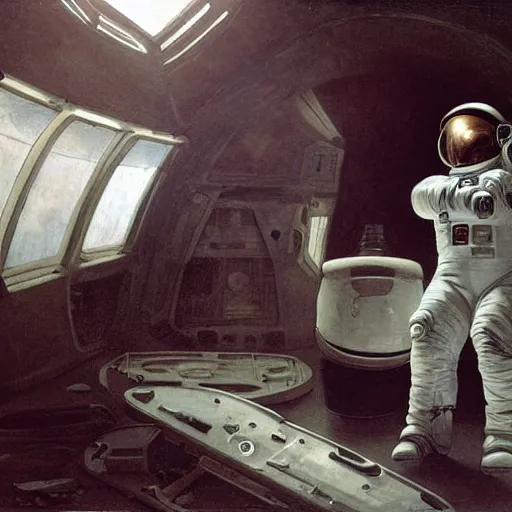 Prompt: astronaut exploring the inside of an old derelict spaceship with dark scary dramatic lighting by William Adolphe Bouguereau