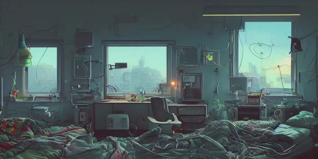 Image similar to cozy 9 0 s bedroom retrofuturism, cluttered, wires everywhere, computer, window, night - time, lit only by the luminescent computer screen, detailed by simon stalenhag