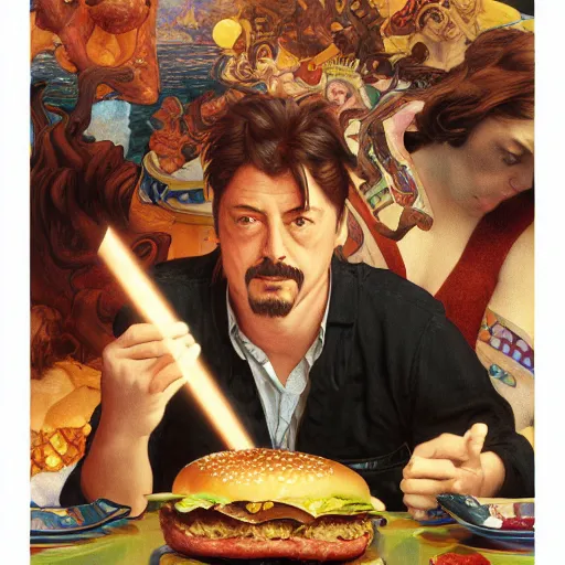 Prompt: Dave Grohl eating giant hamburgers, sexy sesame seed buns, extra bacon lettuce and tomato, french fries levitate in the background and cast holy light, drawn by Donato Giancola and Jon Foster, frank frazetta, alphonse mucha, background by James Jean and gustav klimt, 4k, volumetric lighting, trending on artstation, hyperrealistic