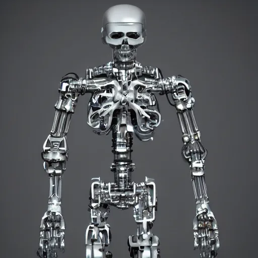 Prompt: complex chromium cybernetic endoskeleton : : in a dark gray room wearing frosted glass like translucent armor plates : : highly detailed