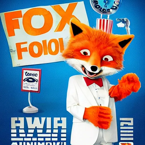 Image similar to comedy movie poster featuring an anthropomorphic fox wearing a white suit, fried chicken in the background, promotional media