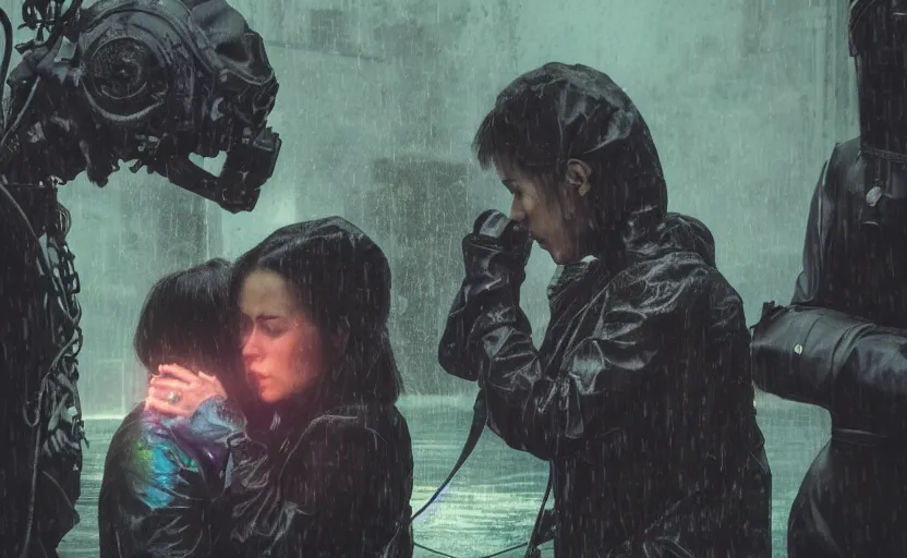 Image similar to cinestill 5 0 d candid photographic portrait by steven spielberg of two loving female androids sobbing wearing rugged black mesh techwear in treacherous waters, flooded city, medium closeup, retrofuturism cyberpunk moody emotional cinematic, pouring iridescent rain bright spotlight helicopter, 8 k, hd, high resolution, 3 5 mm, f / 3 2, ultra realistic faces, ex machina