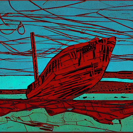 Prompt: a rusty abandoned ship on the aral sea desert, in the style of daniel johnston and outsider art, 8 k, line brush, muted, overlaid with cyrillic words, baselitz, german expressionist woodcut