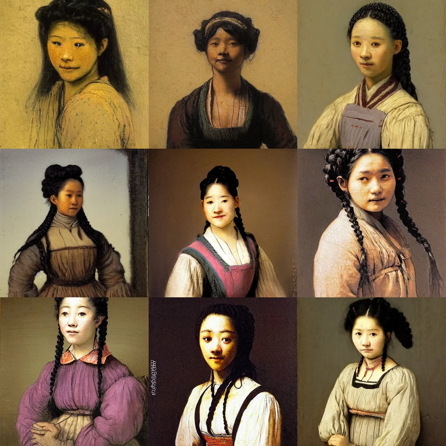 Prompt: a sadly smiling black haired, young peasant woman from the 19th century who looks very like yooung (((Lee Young Ae))) with a two french braids, pastel colours, detailed, painting by Rembrandt, Csók István and da Vinci