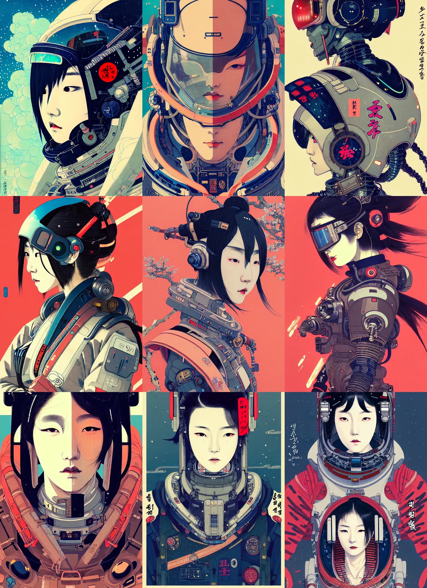 Prompt: a beautiful ukiyoe painting of cyberpunk battle space pilot, lee jin - eun wearing space techwear, detailed symmetrical close up portrait, intricate complexity, concept art, by wlop, conrad roset, james jean, peter mohrbacher, cinematic dramatic atmosphere, sharp focus