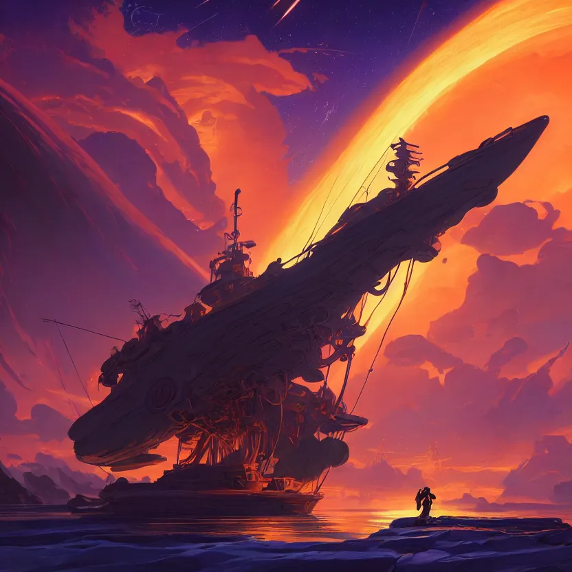 Image similar to treasure planet, beautiful lighting, vivid colors, intricate, elegant, smooth, sharp focus, highly detailed digital painting, concept art, cinematic, unreal engine, 4 k wallpaper, art by syd mead, terada katsuya, atey ghailan, svetlin velinov, tarmo juhola, cgsociety, artstation trending, deviantart featured