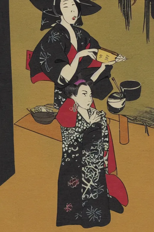 Image similar to photo of a witch, young woman, preparing potion, high heels, japanese kimono