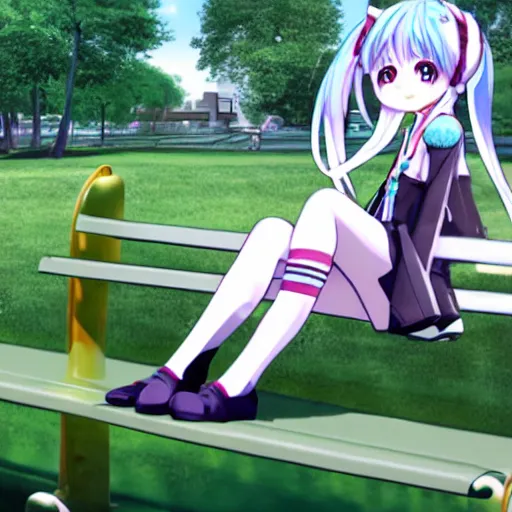 Image similar to hatsune miku sitting on a park bench