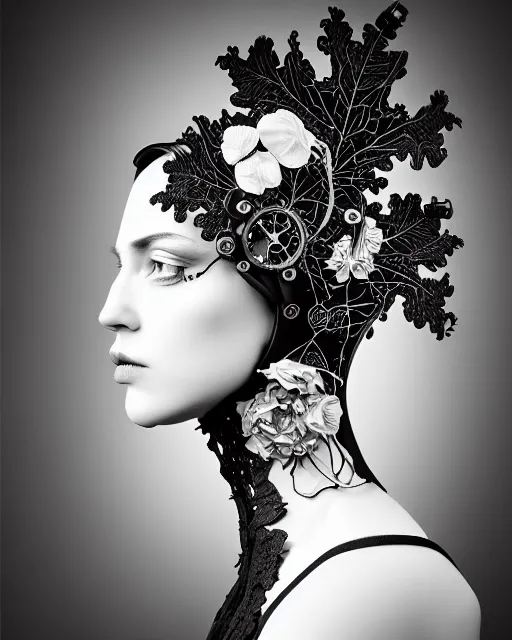 Image similar to black and white masterpiece profile portrait painting, dutch masters, silver lace floral steampunk biomechanical beautiful one techno eye young female cyborg, big monocular, volumetric light, leaves foliage and stems, hibiscus flowers, by cecile beaton, rim light, big gothic fashion pearl embroidered collar, 8 k