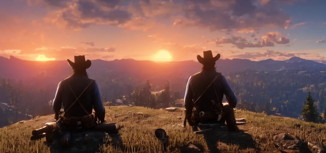 Image similar to Arthur Morgan from Red Dead Redemption 2 sitting at the top of a mountain looking at a beautiful sunrise in the distance