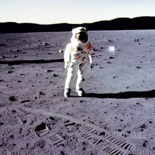 Image similar to medium - shot photo of david bowie!! wearing a space suit walking on the moon!! surface!!,