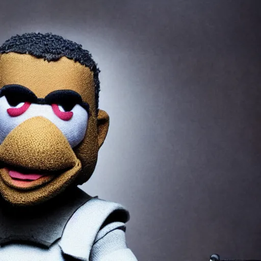 Prompt: kanye west muppet muppet in gears of war, splash art, movie still, detailed face, photorealistic facial features, cinematic lighting, dramatic, octane render, long lens, shallow depth of field, bokeh, anamorphic lens flare, 8 k, hyper detailed, 3 5 mm film grain