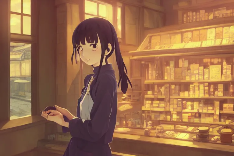 Image similar to anime visual, portrait of a young female traveler in a alchemist's shop interior, cute face by yoh yoshinari, katsura masakazu, studio lighting, dynamic pose, dynamic perspective, strong silhouette, anime cels, ilya kuvshinov, cel shaded, crisp and sharp, rounded eyes, moody, ( ( cool colors ) )