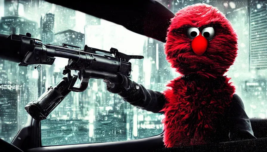 Image similar to elmo!! holding a machine gun leans out of the window of a driving car in cyberpunk, digital art, rendering, hyperrealistic, photorealism