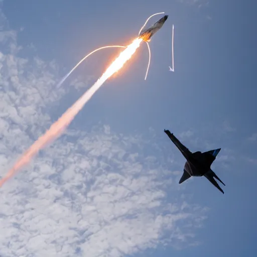 Prompt: rocket breaking through the sky with triangular shaped smoke trail leading behind it