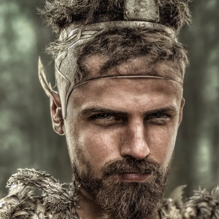Image similar to closeup portrait photo of a male warrior, in a forest, elegant, highly detailed, centered, digital painting, smooth, sharp focus, 8 k. lifelike. soft light. nikon d 8 5 0