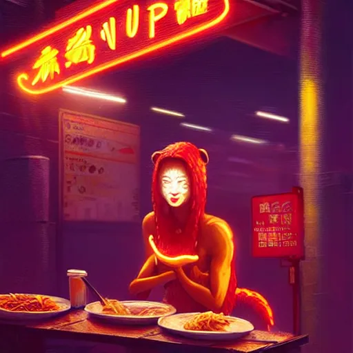 Prompt: splash art of anthropomorphic female vulpes vulpes fulva woman at a noodle stand eating ramen in the crowded street of a cyberpunk city, rain, harsh neon lighting, realistic, ultra detailed, by greg rutkowski, wlop, sakimichan, artgerm