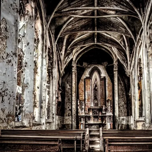 Prompt: abandoned and eroding church with a skeleton in the pews, gothic art, color, detailed