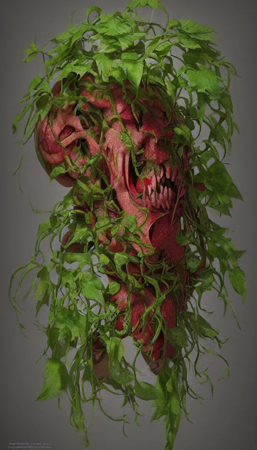 Image similar to hyperrealistic still life painting of a carnivorous underwater ivy demon, botanical print, Octane render